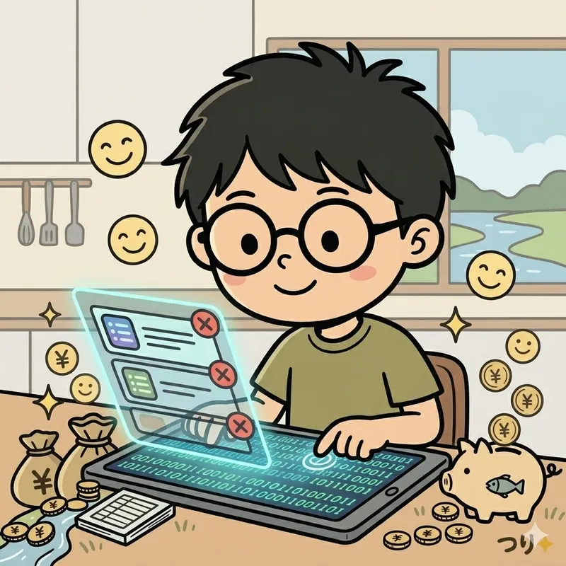 サブスク代が釣り道具に変わるイメージのイラスト