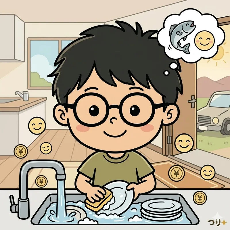 釣りに行く前に皿洗いをする男性