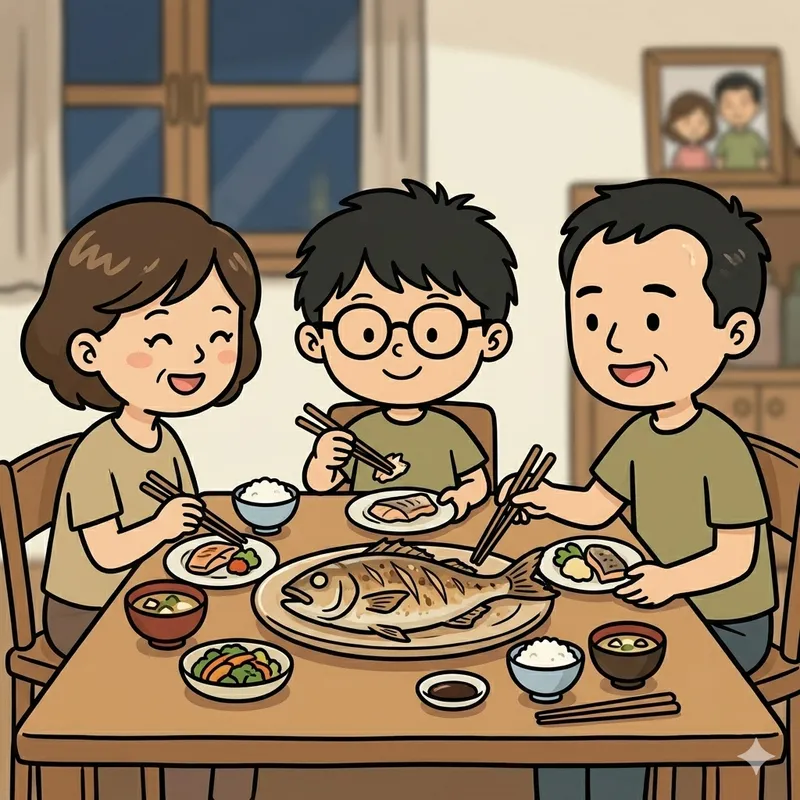 釣った魚を家族の食卓に並べる夕食シーン