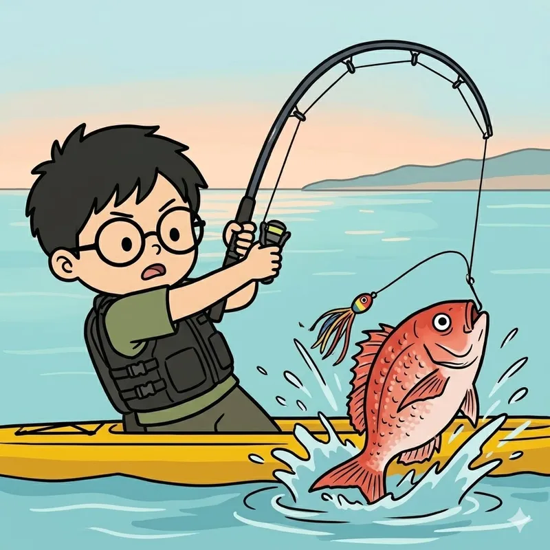 カヤックのロッドが大きく曲がり、マダイがヒットした瞬間