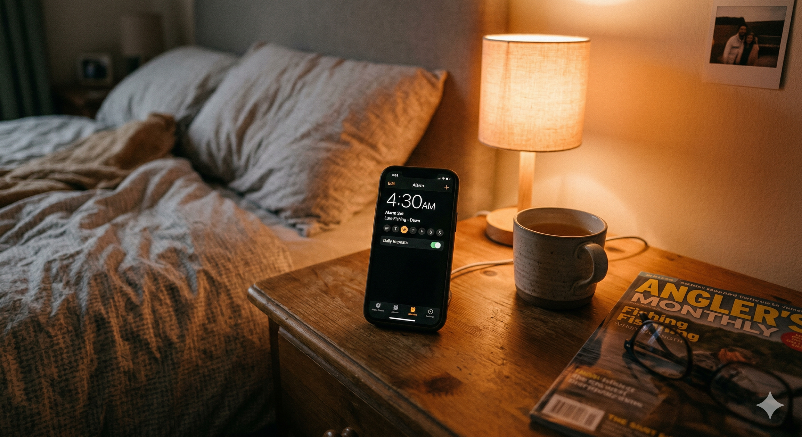 4:30 AMのアラームが設定されたスマートフォンと釣り雑誌