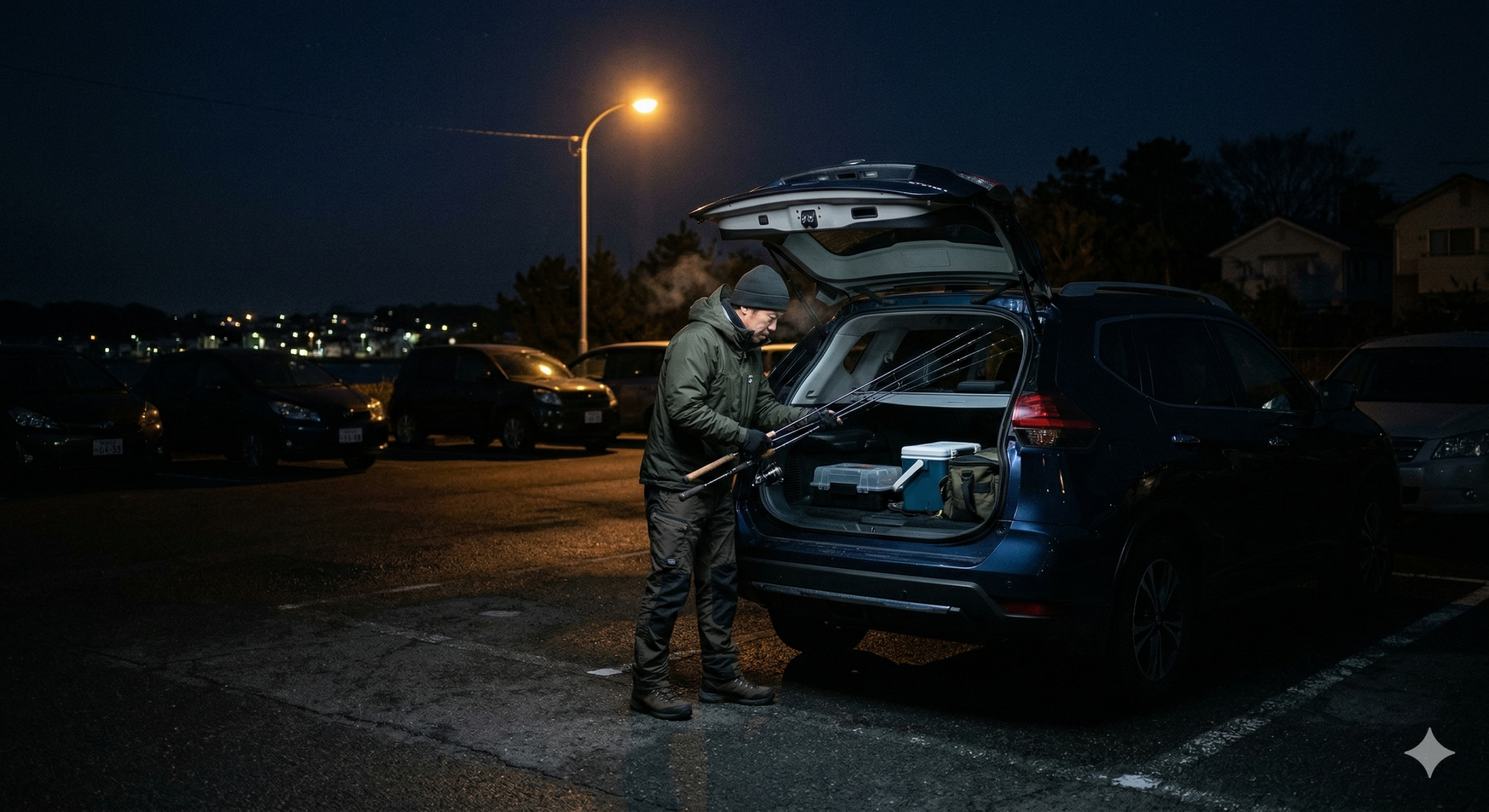 暗い早朝の駐車場で釣り竿を車に積む男性