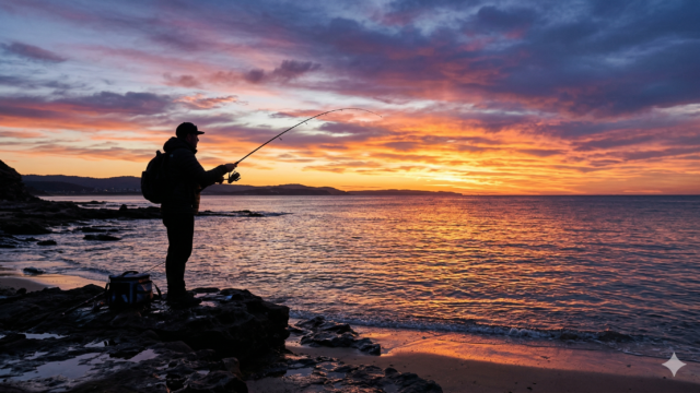 朝まずめの時間帯に釣りをする男性のイラスト