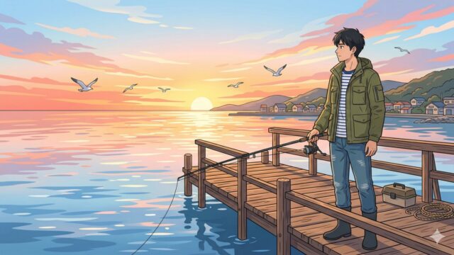 朝日の中、堤防で釣りを楽しむ男性のイラスト