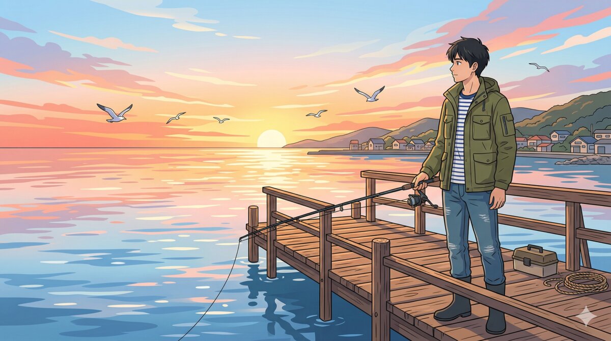 朝日の中、堤防で釣りを楽しむ男性のイラスト