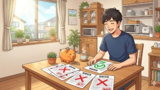 保険証券を見直して固定費削減を考える釣り人のイラスト