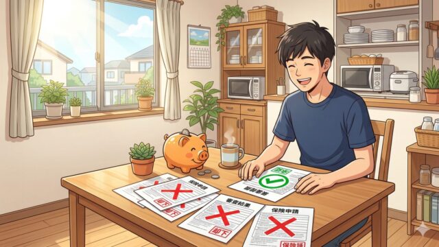 保険証券を見直して固定費削減を考える釣り人のイラスト