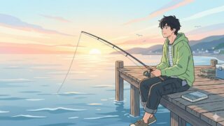 堤防に座り釣りをしながら読書を楽しむ男性のイラスト