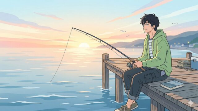 堤防に座り釣りをしながら読書を楽しむ男性のイラスト