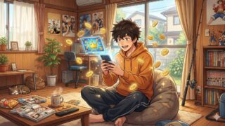 格安SIMの乗り換えで通信費を節約し喜ぶ男性のイラスト