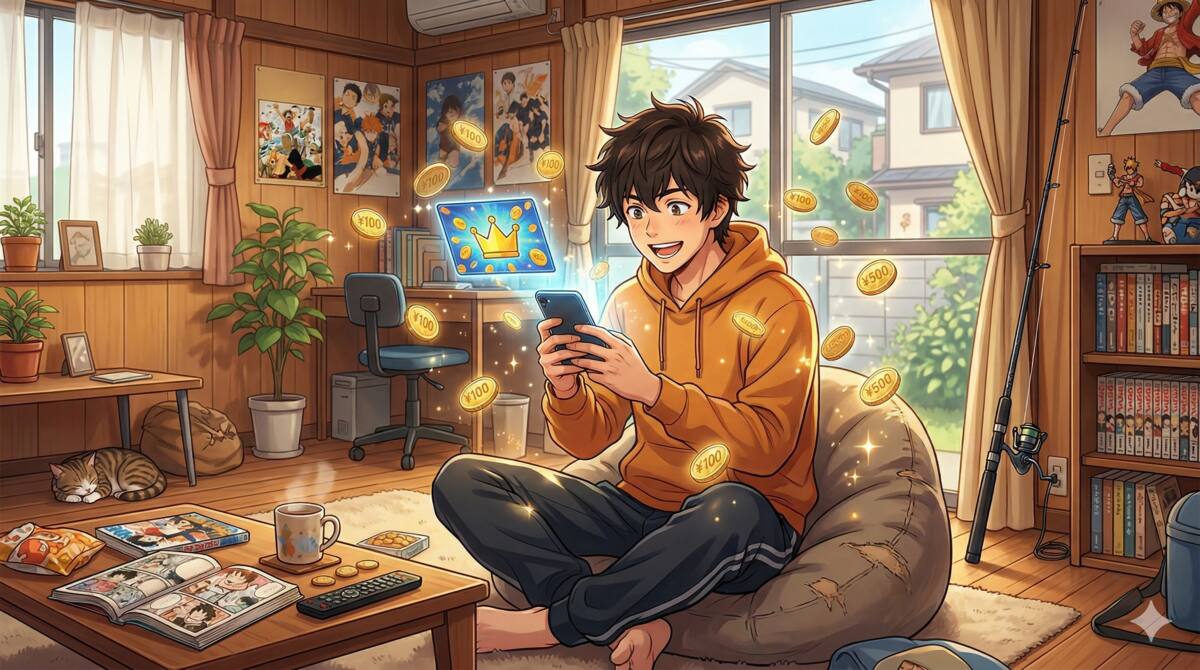 格安SIMの乗り換えで通信費を節約し喜ぶ男性のイラスト