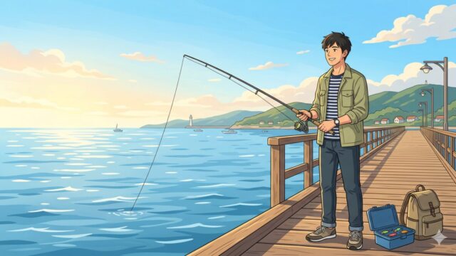 必要十分なタックルだけで身軽に釣りを楽しむ男性のイラスト