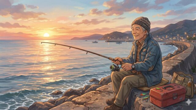 借金をせずお金に余裕を持って釣りを楽しむ男性のイラスト