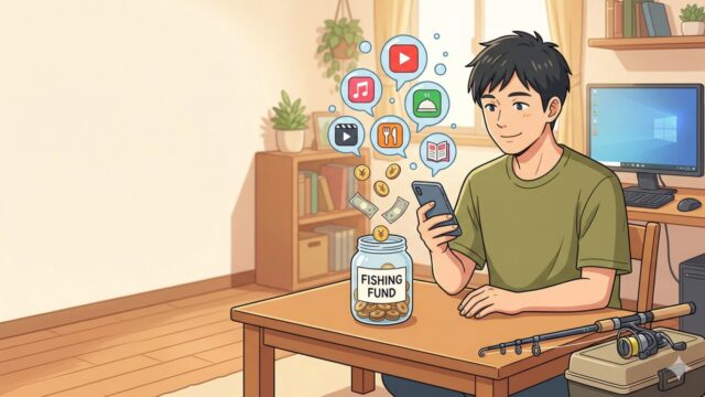 不要なサブスクを整理して釣り資金を生み出すイラスト