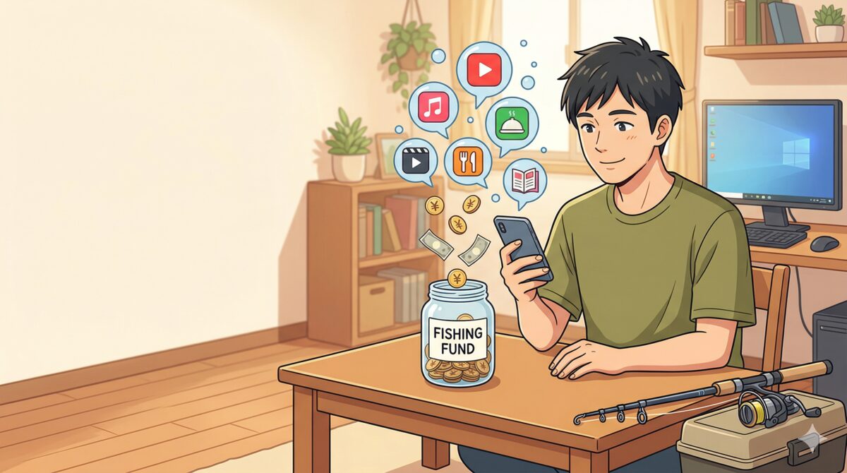 不要なサブスクを整理して釣り資金を生み出すイラスト