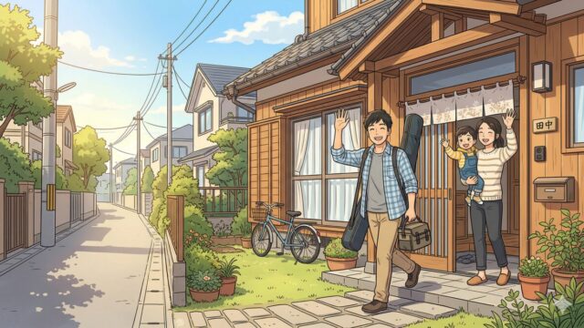 家族と自転車で出かける釣り好きな父親のイラスト