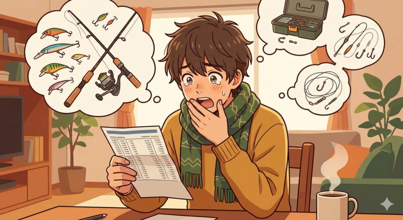 クレジットカードの明細を見て驚く釣り人のイラスト