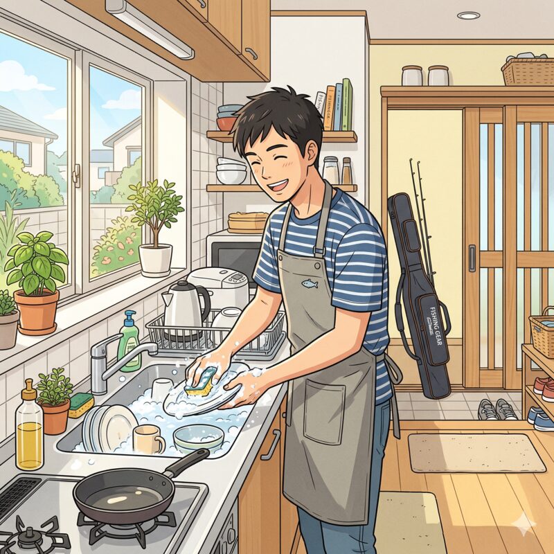 釣りに行く前に皿洗いをする男性