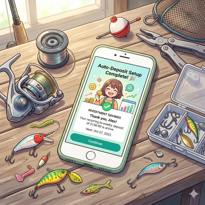 積立投資の設定画面と釣り道具