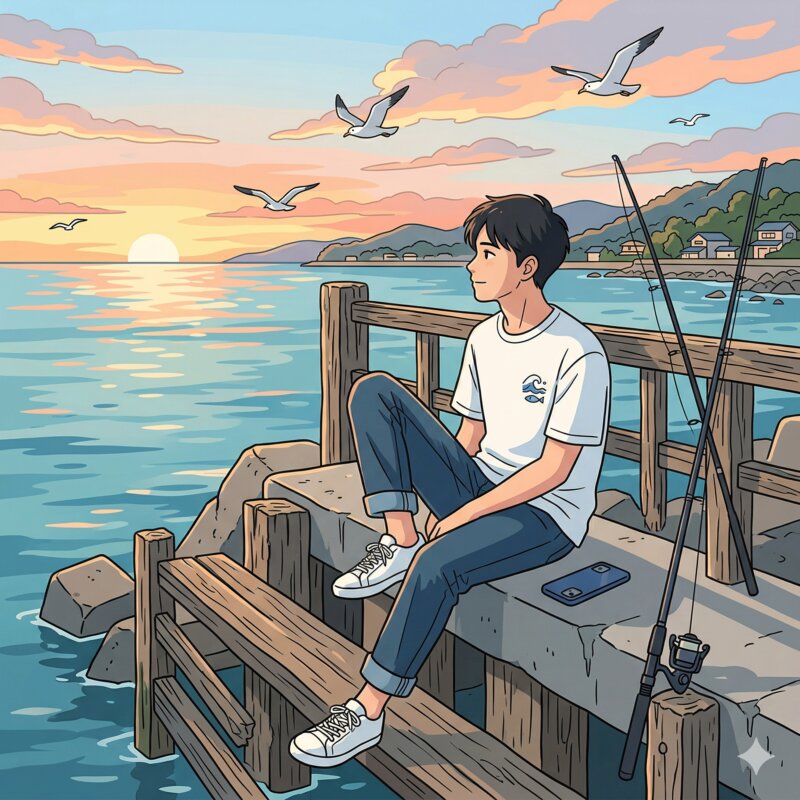 堤防でスマホを置いて海を眺める男性のイラスト