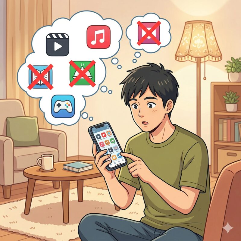 スマホでサブスクを確認する男性のイラスト