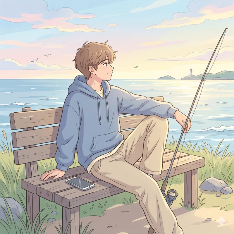 海辺のベンチでリラックスして釣りをする人