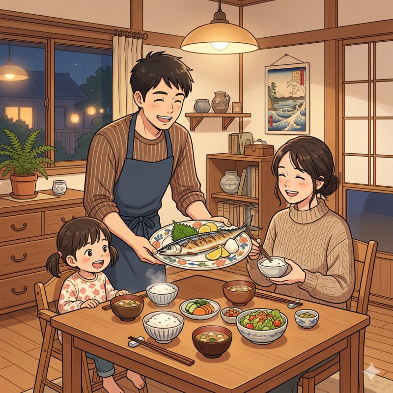 釣った魚を家族の食卓に並べる夕食シーン