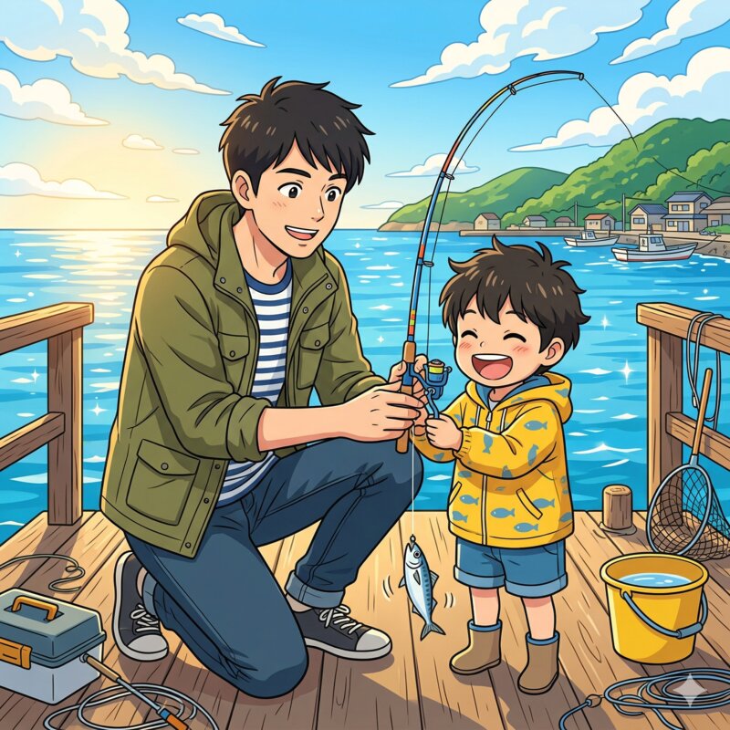 子供と一緒に堤防で釣りを楽しむ親子のイラスト