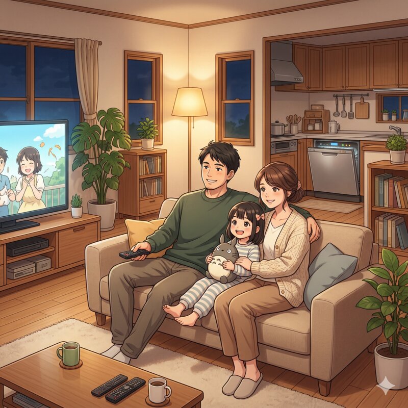 家族でソファでくつろぐ夕方のシーン