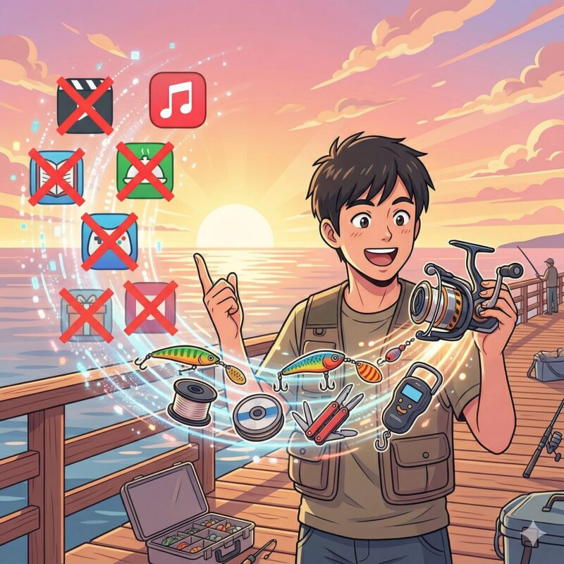 サブスク代が釣り道具に変わるイメージのイラスト