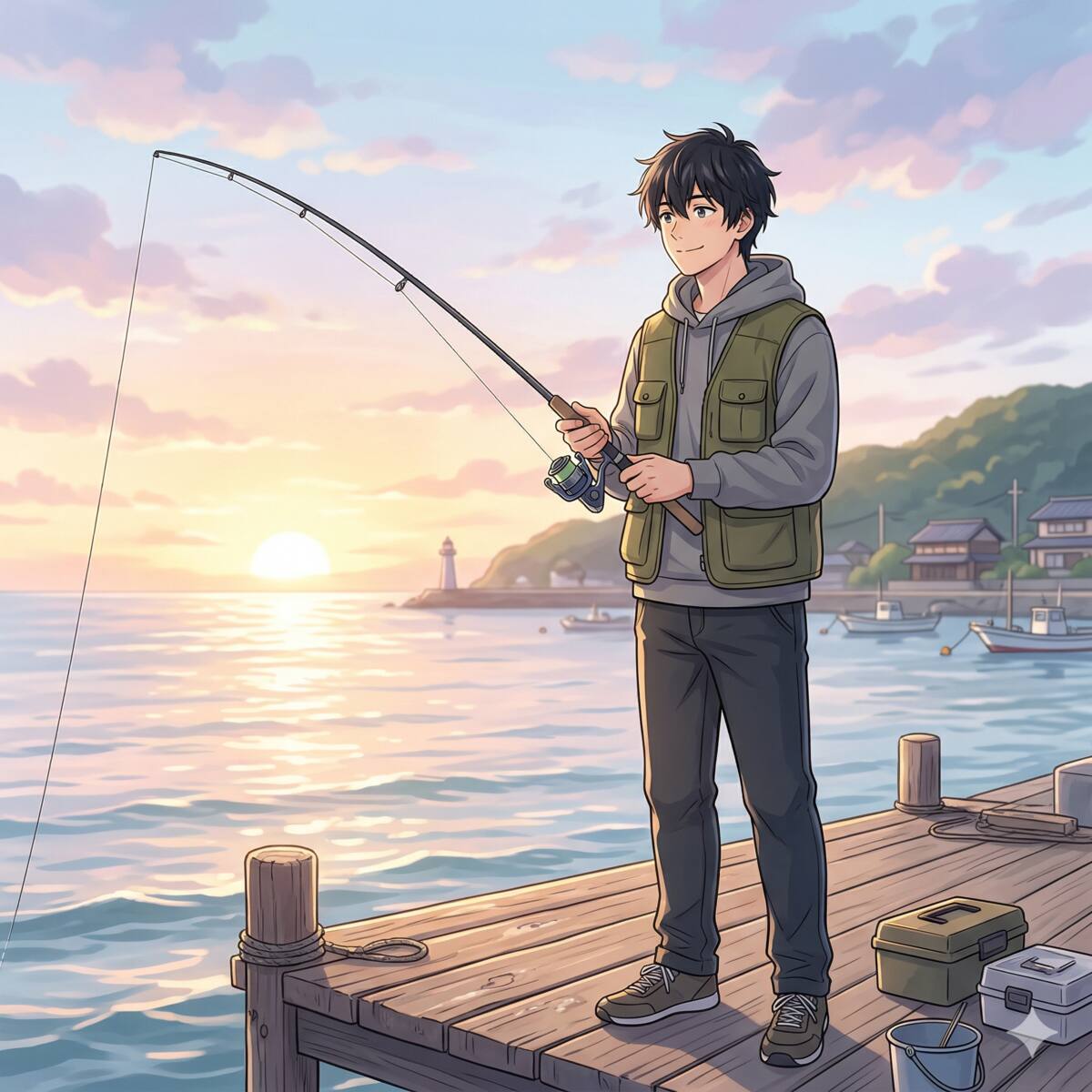 朝焼けの堤防で釣りを楽しむ男性