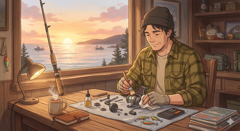 釣り道具を丁寧にメンテナンスする釣り人のイラスト