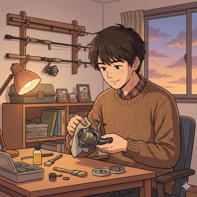 自宅でリールをメンテナンスする釣り人のイラスト