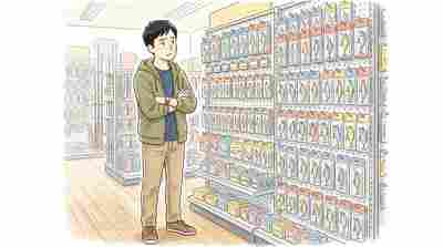 ソファでスマホを見て釣具を物色するイラスト