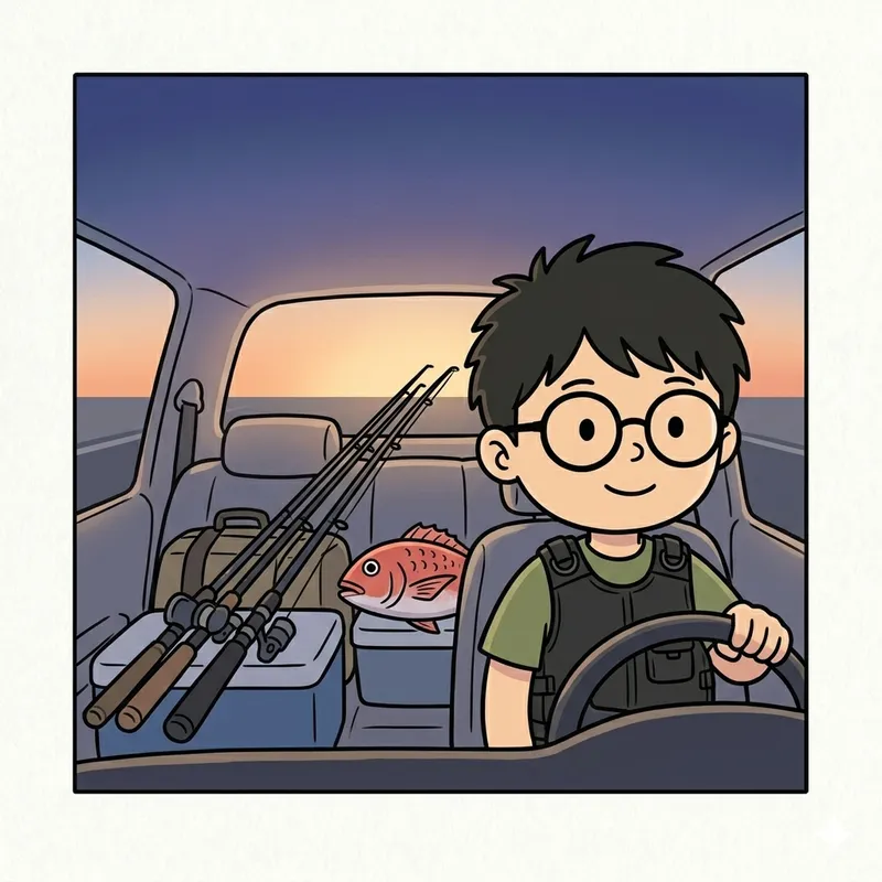 早朝ひとりで釣りに向かう車の中