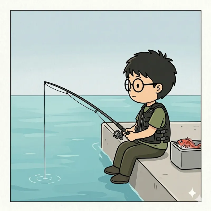 堤防でひとりのんびり釣りをする