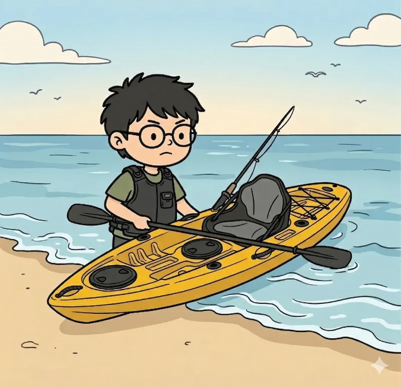 砂浜からカヤックを押し出すつりプラくんのイラスト