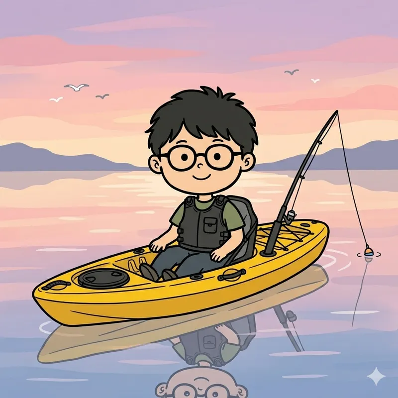 カヤックの上で静かに釣りをするつりプラくんのイラスト