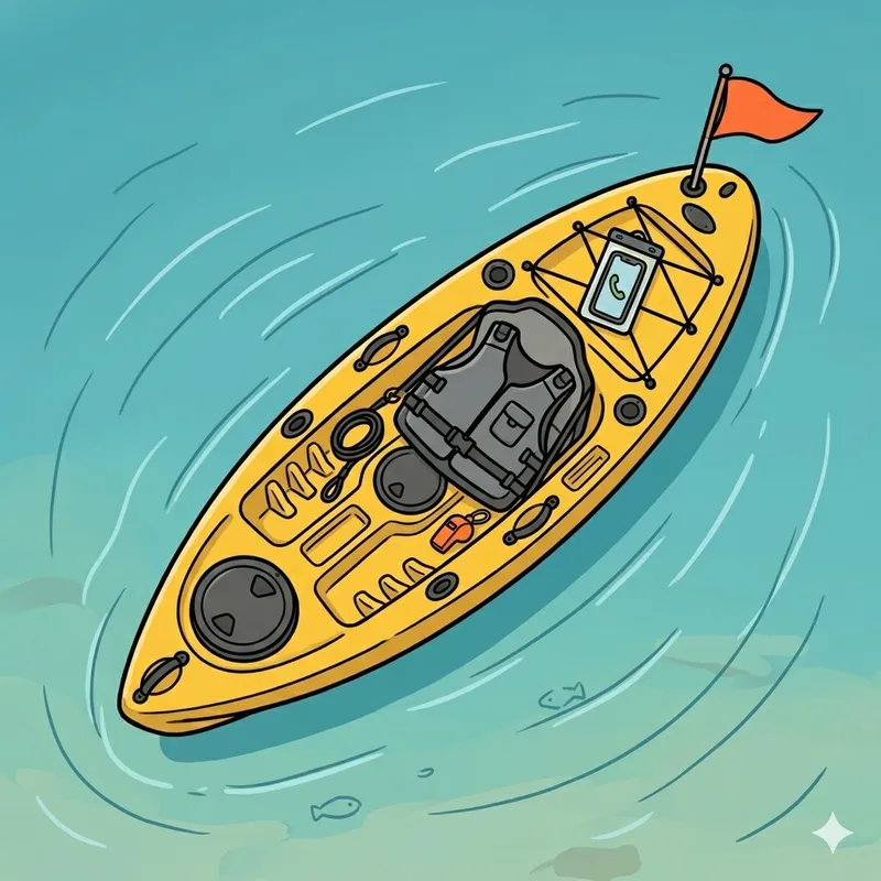 カヤックフィッシングの安全装備一式のイラスト