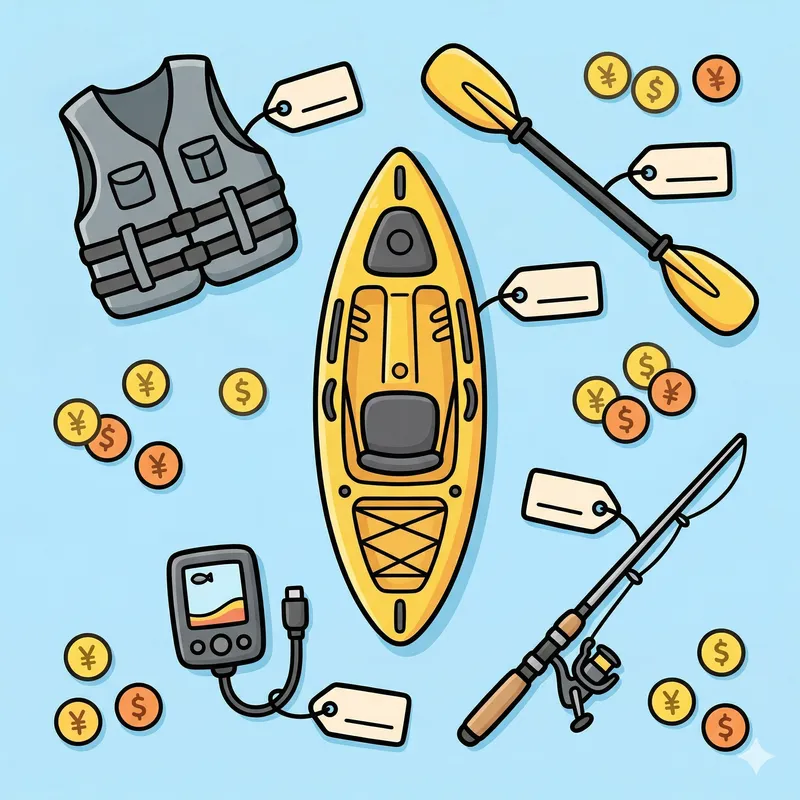 カヤックフィッシング装備一式のフラットレイイラスト