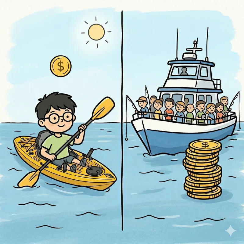 カヤックと遊漁船のコスト比較イラスト