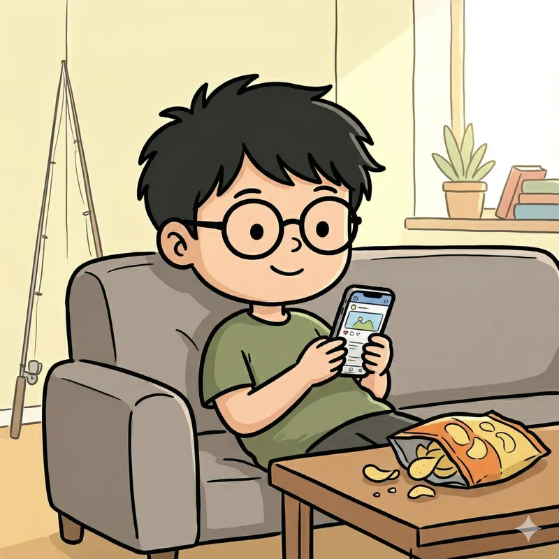 ソファでスマホをいじるつりプラくんのイラスト