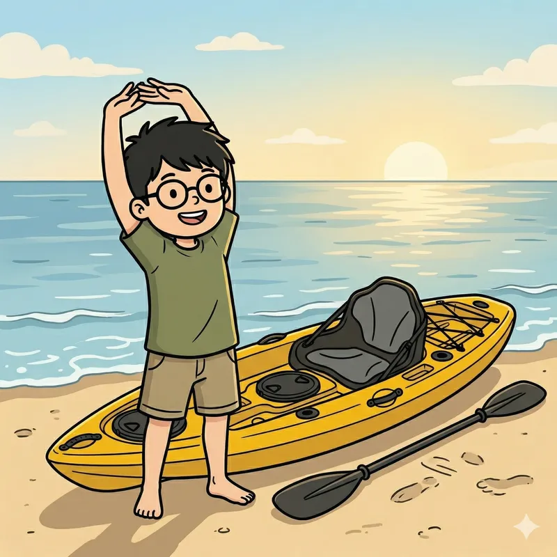 ビーチでカヤックの横でストレッチするつりプラくんのイラスト
