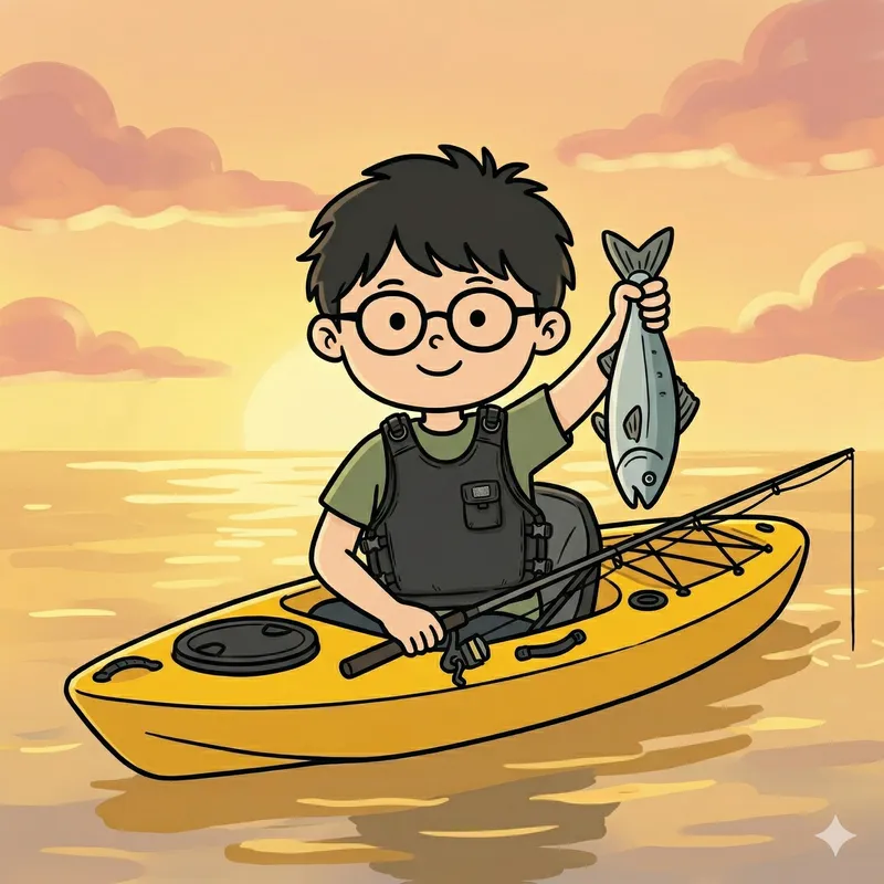 夕日の中カヤックで魚を掲げるつりプラくんのイラスト